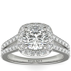 Split Shank Halo Diamond Engagement Ring in 14k White Gold